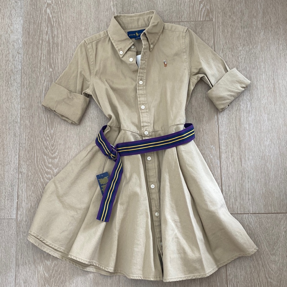 Ralph Lauren Girls khaki button down dress! NWT… Size 5